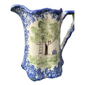 VTG Molly Dallas Blue Spatterware Ohio Folk Apple Tree Pitcher Wavy Handle 6.5"